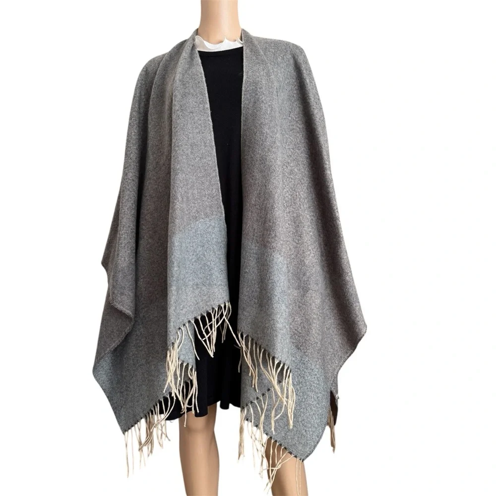 Macy's Gray Cream Blanket Scarf Cape with Fringe